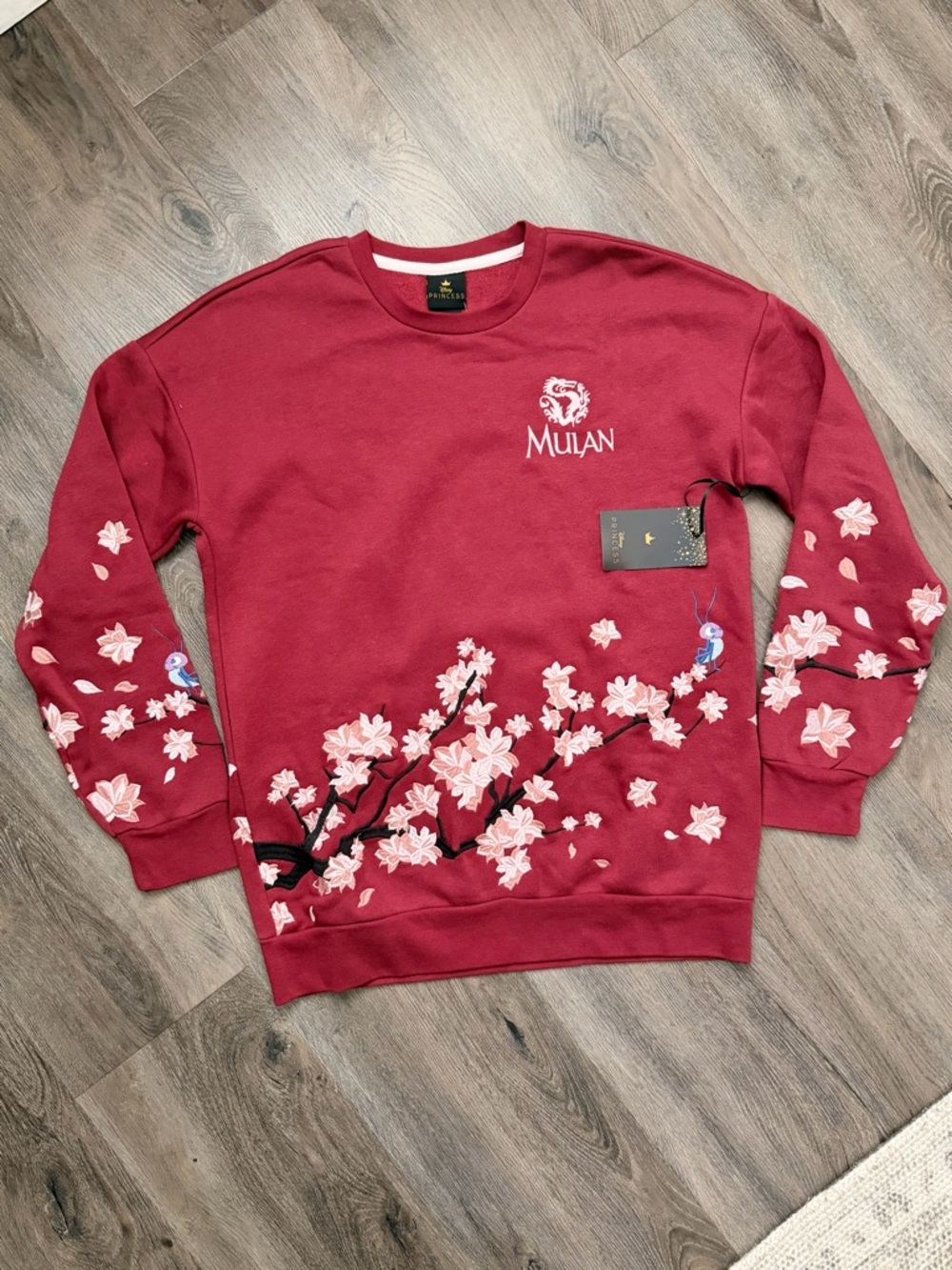 NEW Disney Princess Mulan Crewneck in Deep Red w/embroidered Pink Floral Accents